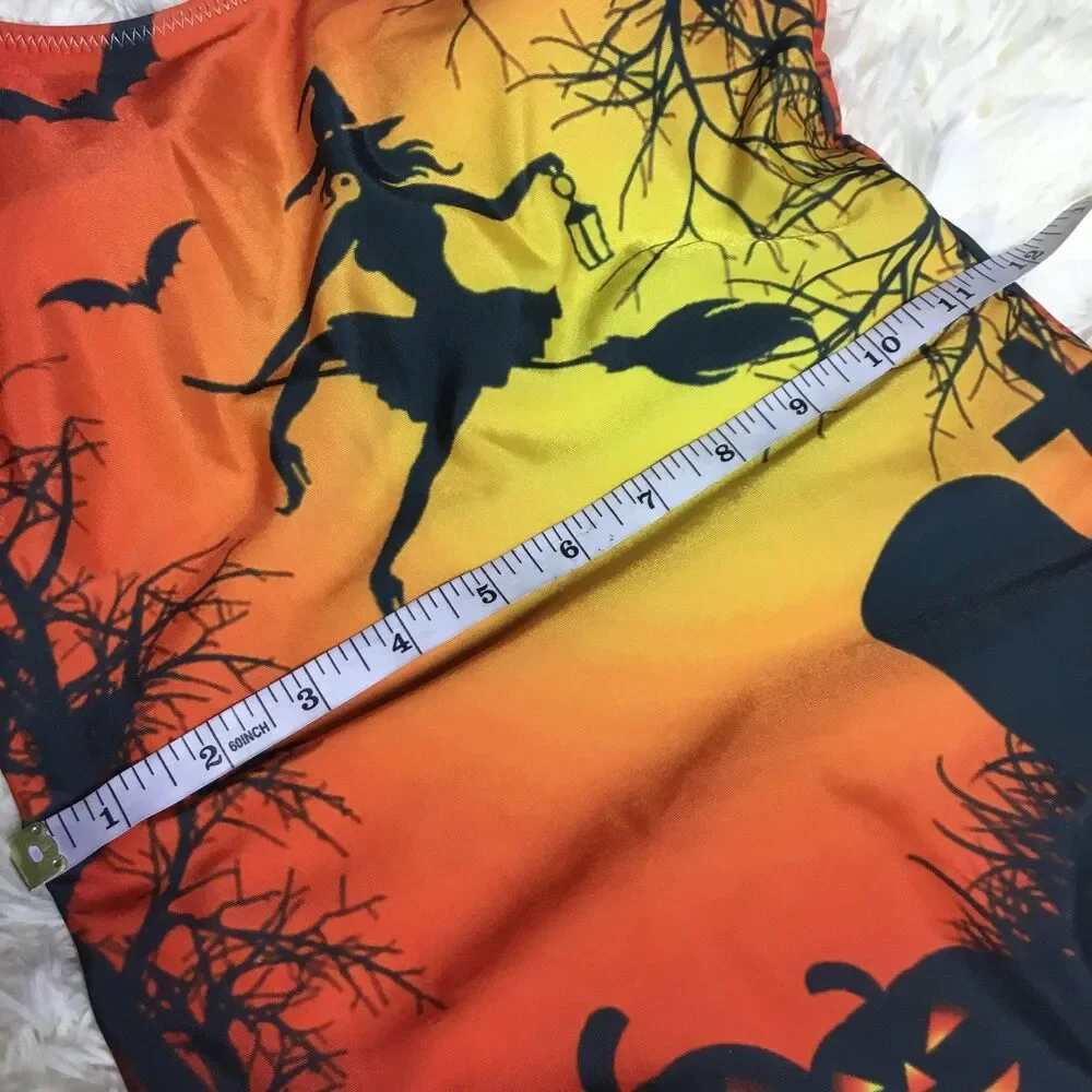 Halloween witch pumpkin bats swimsuit one piece orange yellow black silhouette S